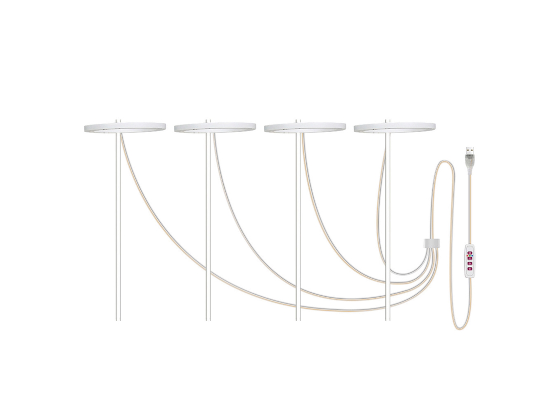 Lámpara LED de cultivo con 4 cabezales, 5 modos ajustables y alimentación USB para plantas.
