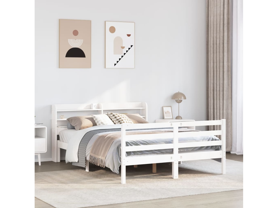 Cama De Matrimonio | Cama Para Adultos | Estructura De Cama Con Cabecero Madera De Pino Blanco 150x200cm