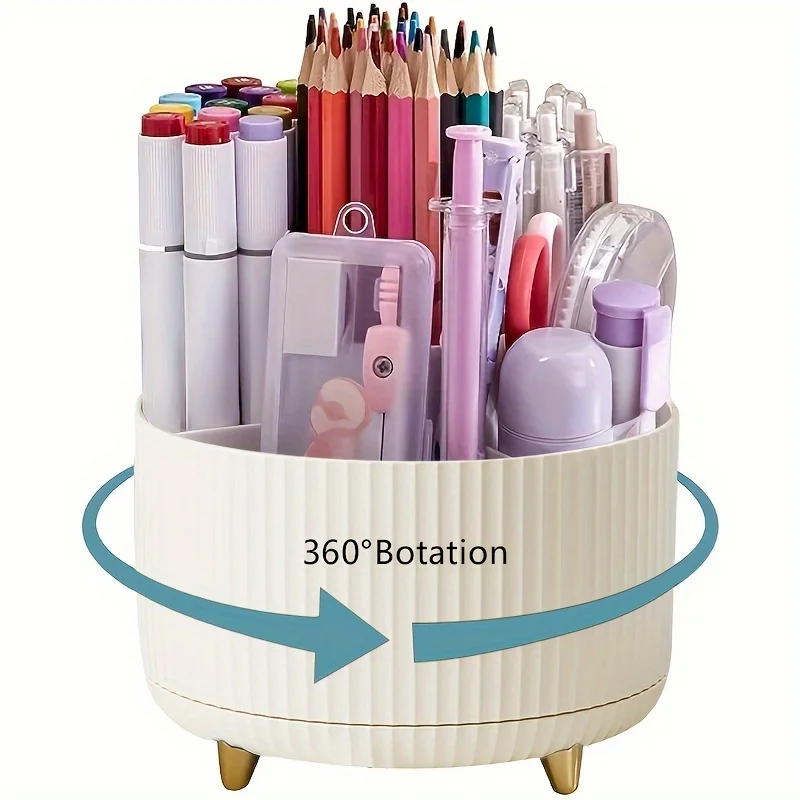 Portalápices De Escritorio (cremoso), 5 Ranuras, Soporte Giratorio De 360°