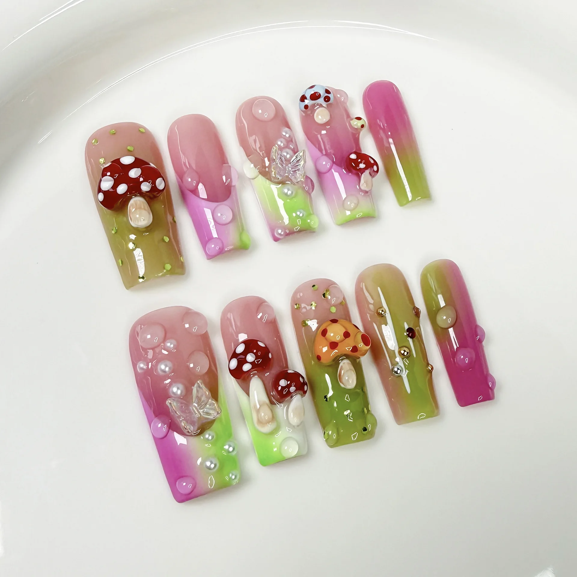 (683-m) Paquete De 10 Uñas Postizas Rectangulares Medianas Hechas A Mano, Tipo Adhesivo Para Uñas