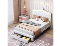 Cama Infantil Tapizada, 140x200 Cm, Con Cabecero De Corona De Princesa E Iluminación Led, Cama Individual Con 2 Cajones, Pu Blanco.