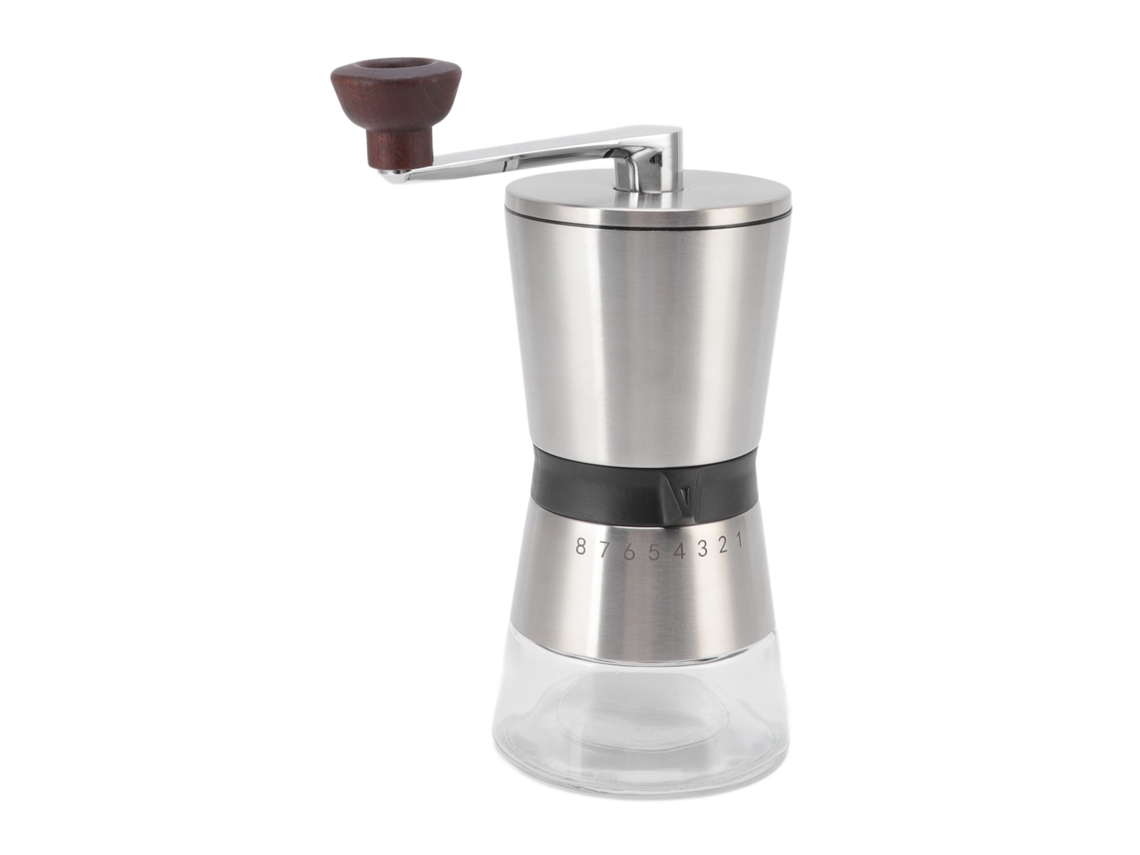Molinillo de café portátil manual de acero inoxidable 304 con grosor ajustable y manivela para uso en exteriores.