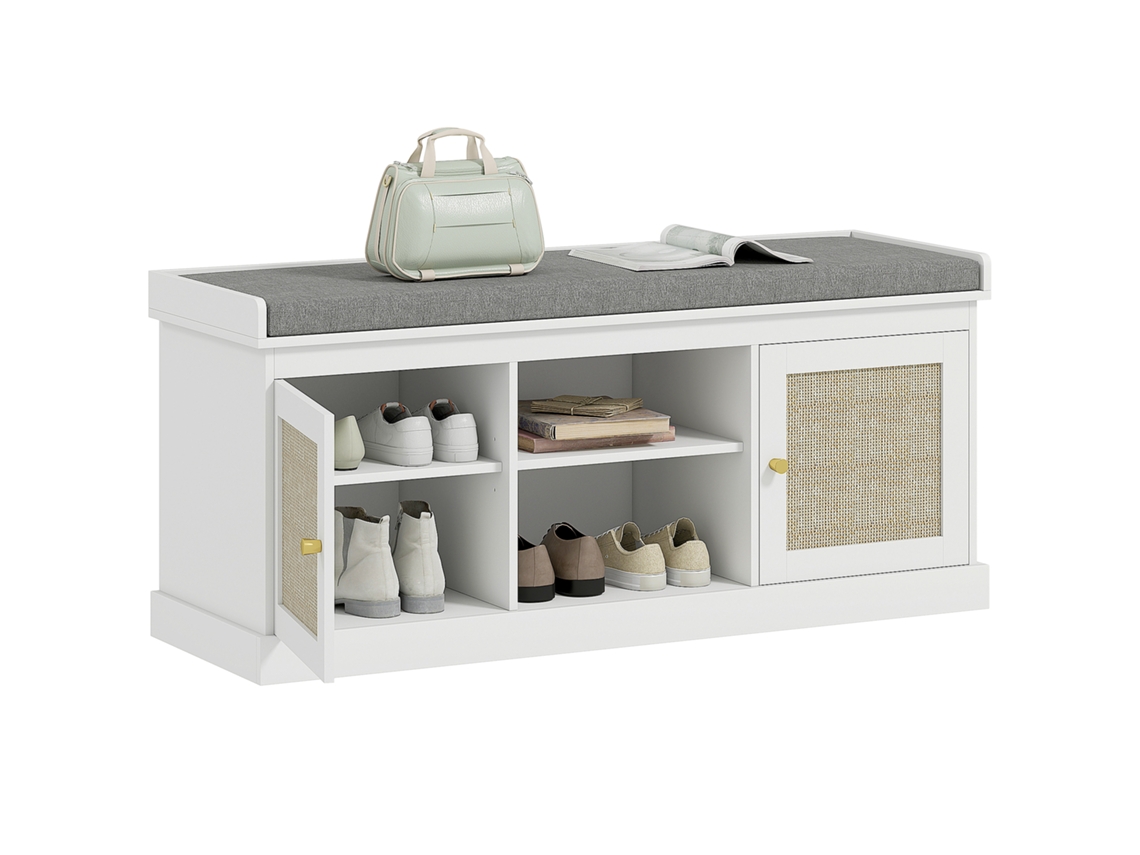 Banco Zapatero De Ratán Con Puertas, 105x35x47 Cm, Blanco.