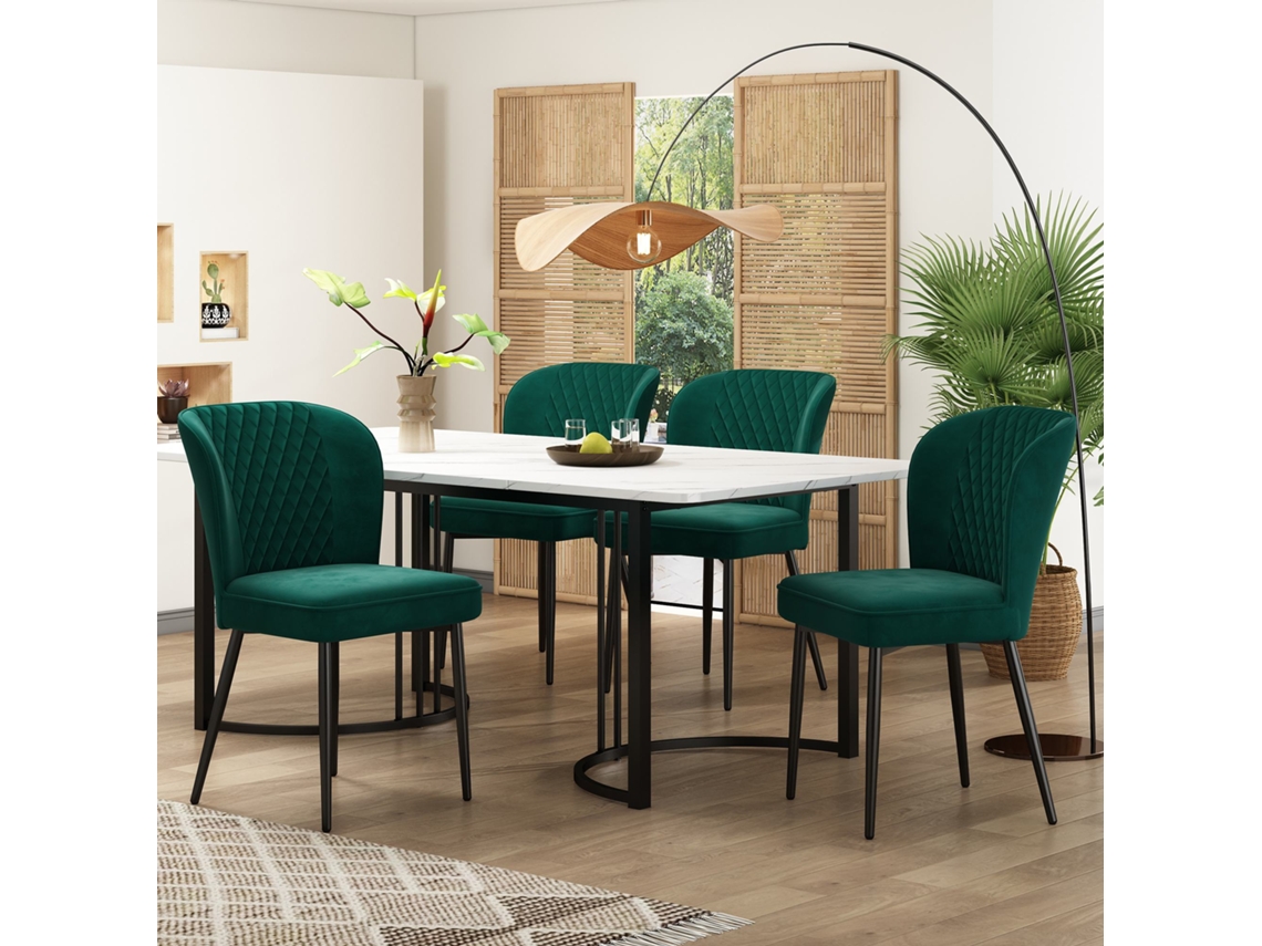 Conjunto de comedor moderno de 140×80 cm con mesa y 4 sillas en terciopelo verde oscuro y patas negras.