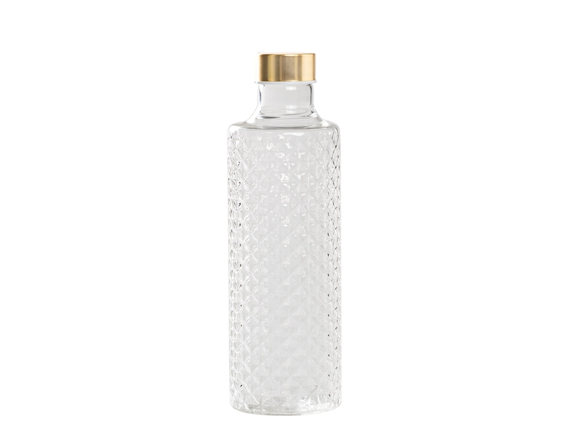 Botella De Vidrio Borosilicato Soplado Isolano Con Decoración Efecto Diamante Y Tapones Transparentes Intercambiables En Oro Y Plata. Hecha A Mano.