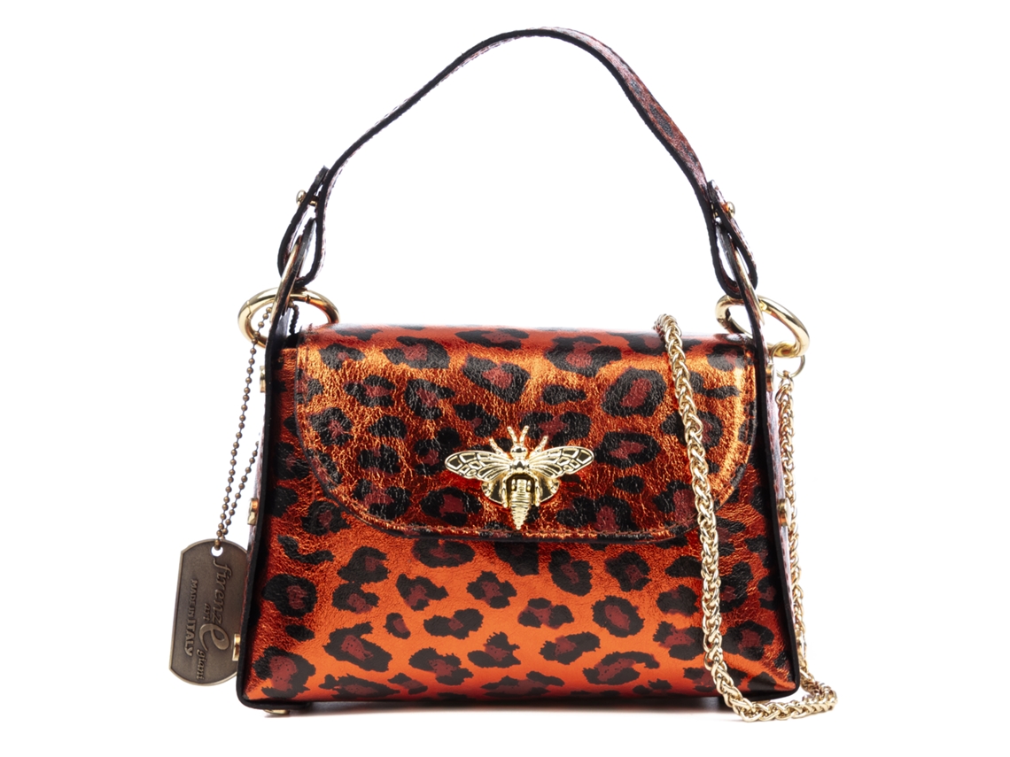 Aquileia Bolso De Mano Mujer. Piel Auténtica Gamuza Con Estampado Animal Print Leopardo Lacada Brillante.