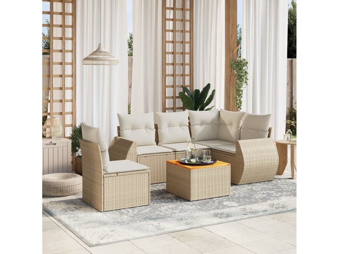 Conjunto de sofá de jardín de 6 piezas con cojines, mimbre sintético beige, Dkd Home Decor