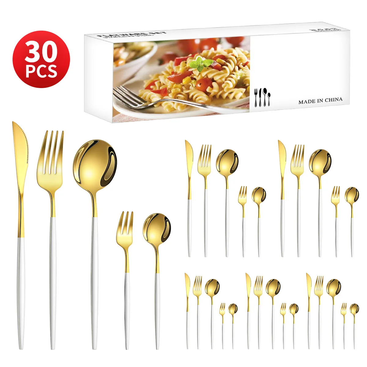 El juego de cubiertos de acero inoxidable (oro blanco) incluye cuchillo, tenedor, cuchara, tenedor de té y cucharilla.