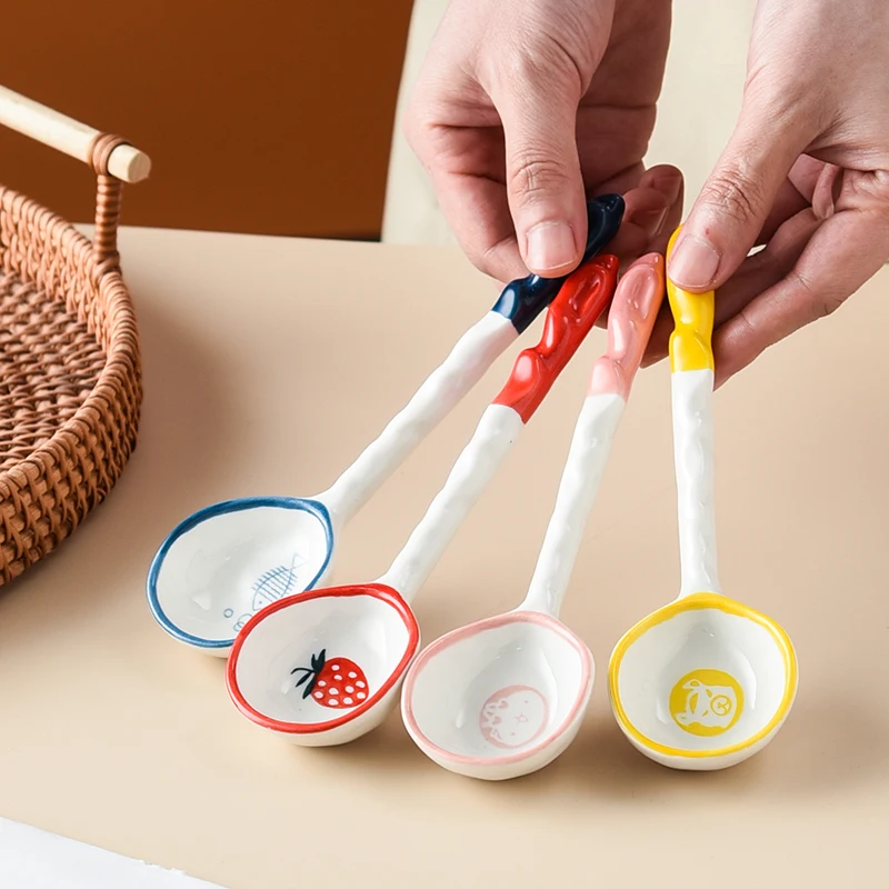 (4 Piezas) 4 Cucharas De Cerámica Para Helado, Cucharas Para Postre Con Mango Extendido, Cucharas Con Diseño Creativo