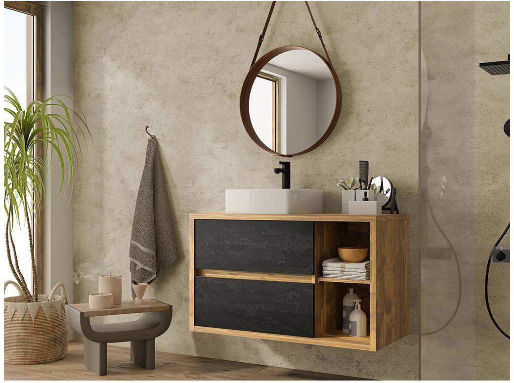Mueble Baño Suspendido con Lavabo Color Natural y Antracita SHOWER DESIGN  Tikitiki (100x45.5x60 cm)