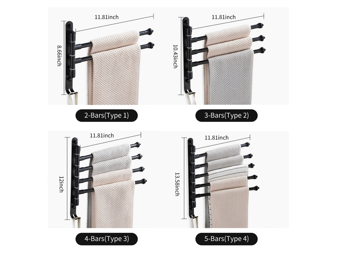 Toallero Giratorio Con 4 Barras Y Ganchos Para Montaje En Pared, Baño, Cocina, Aluminio.