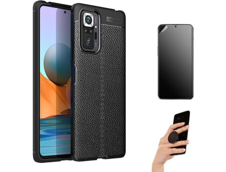 Kit Carcasa y Protector Xiaomi Redmi Note 10 Pro Ultimatte Rugged Leather Popsocket Negro
