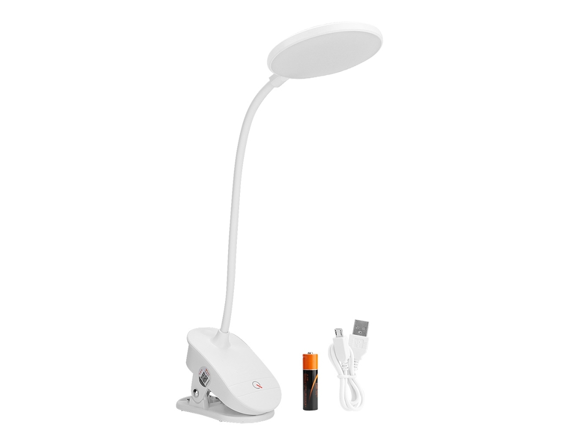 Lámpara de mesa LED blanca de 2W con base giratoria, interruptor táctil, carga USB y tres modos de iluminación.