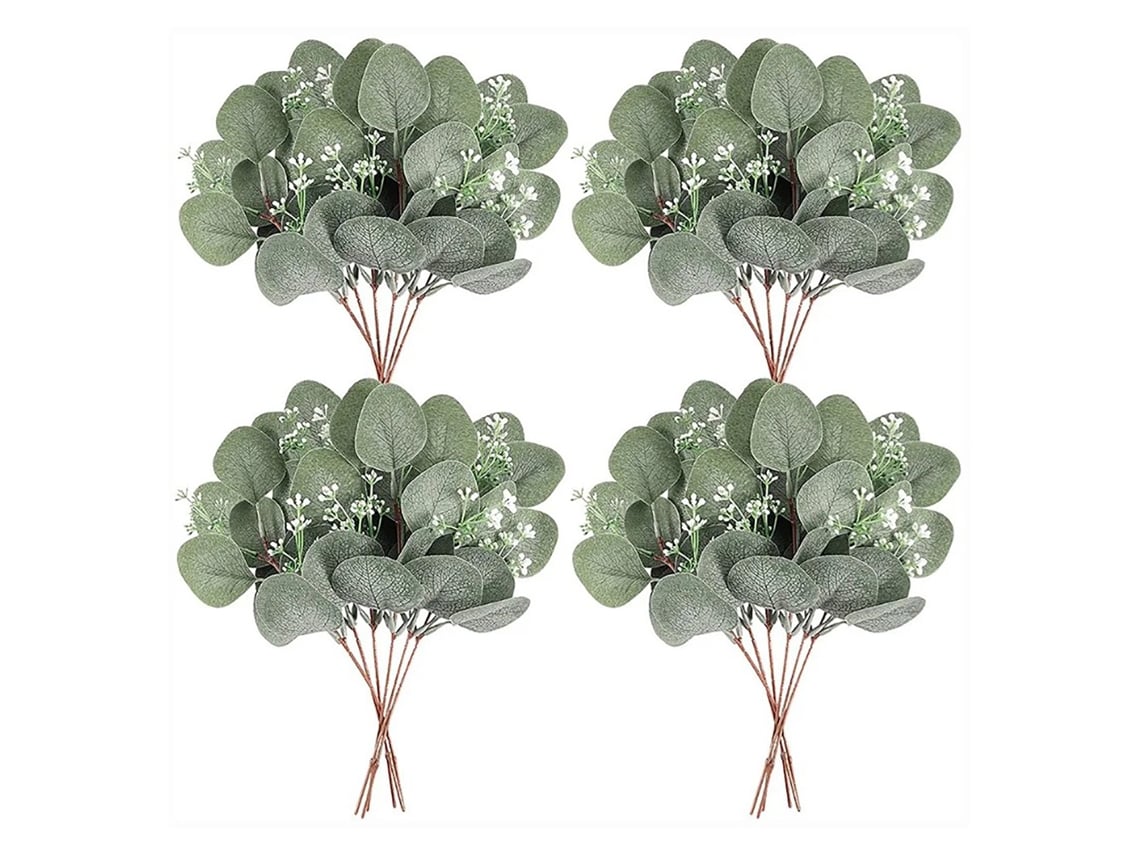 24 Tallos Artificiales De Eucalipto Con Hojas Redondas Y Flores Blancas Para Decoración De Bodas.