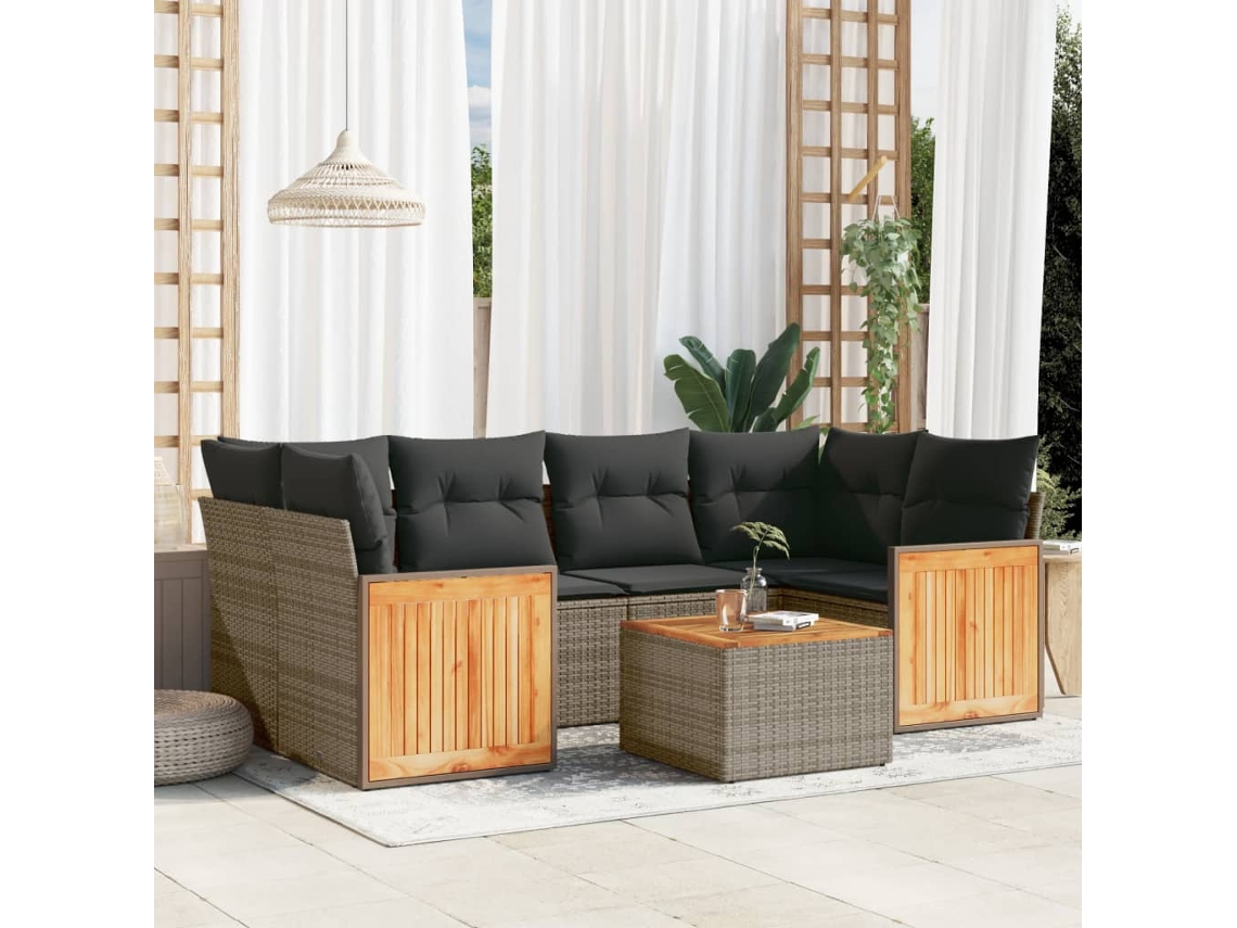 Conjunto de sofá de jardín de 7 piezas con cojines, mimbre gris, DKD Home Decor