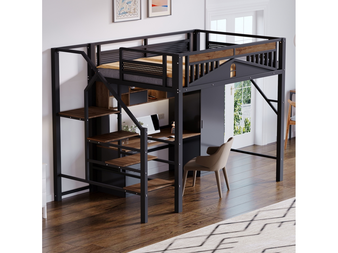 Cama Alta Metálica De 140x200 Cm Con Diseño De Casa Y Ventanas, Escalera De Seguridad, Amplio Espacio De Almacenamiento, Color Negro.