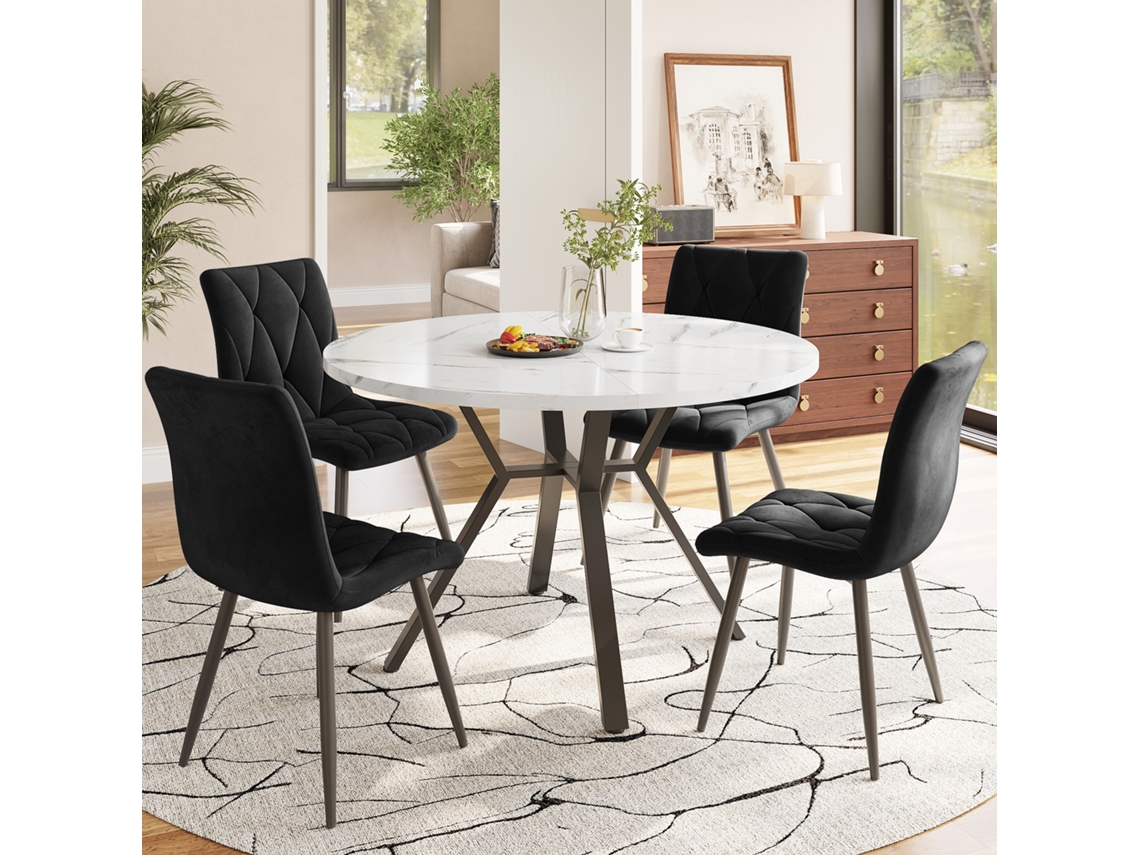 Conjunto De Mesa E Cadeiras De Jantar Redondas Modernas E Minimalistas (5 Peças), 4 Cadeiras De Jantar Ergonómicas Em Camurça Preta.