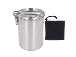 Taza de camping de acero inoxidable de 1 litro con asa plegable y tapa exterior.