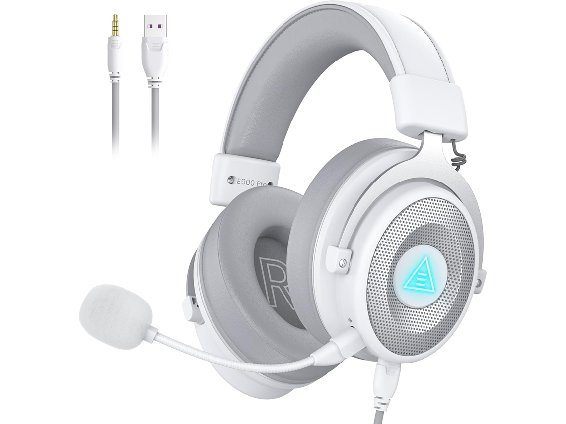 Auriculares USB para juegos con sonido envolvente 7.1, controladores de 50 mm, micrófono extraíble, cancelación de ruido, color blanco JIAPEI