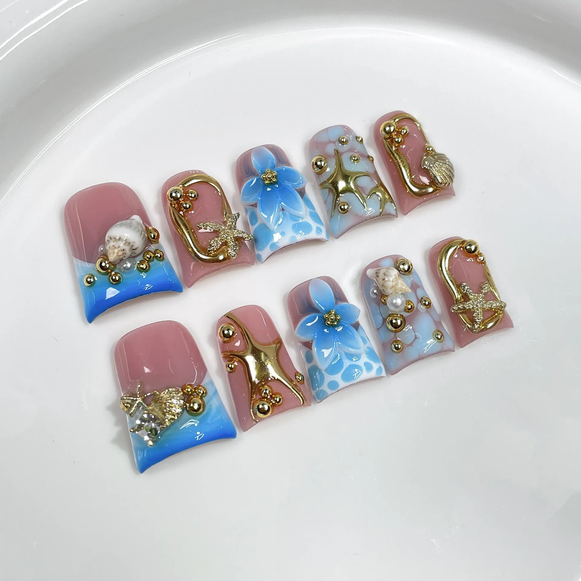 (703-l) Set De 10 Uñas Postizas Hechas A Mano Con Mariposas Brillantes - Uñas De Presión