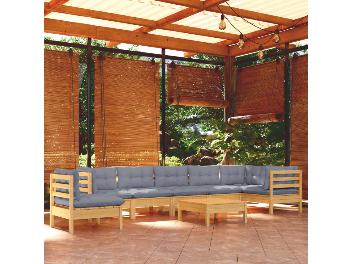 Conjunto de jardín de 9 piezas con cojines de pino macizo gris DKD Home Decor