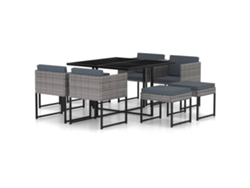 9 Pcs Conjunto Jantar P/ Jardim C/ Almofadões Vime Pe Cinzento Dkd Decoración Del Hogar