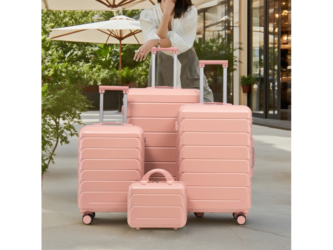 Set de 4 maletas ABS 14/19/24/28'', asas laterales, ganchos, pies protectores, cerradura integrada y neceser 14'', color Rosa.