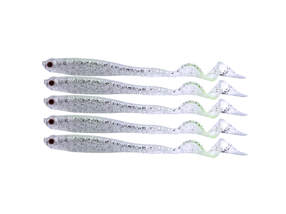5 Señuelos De Pesca Blandos Plateados De 13 Cm Para Lubina, Con Cabeza De Serpiente Y Cola.