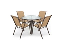 Mesa Redonda De Cristal Templado + 4 Sillas. Muebles De Jardin Y Terraza, Marron