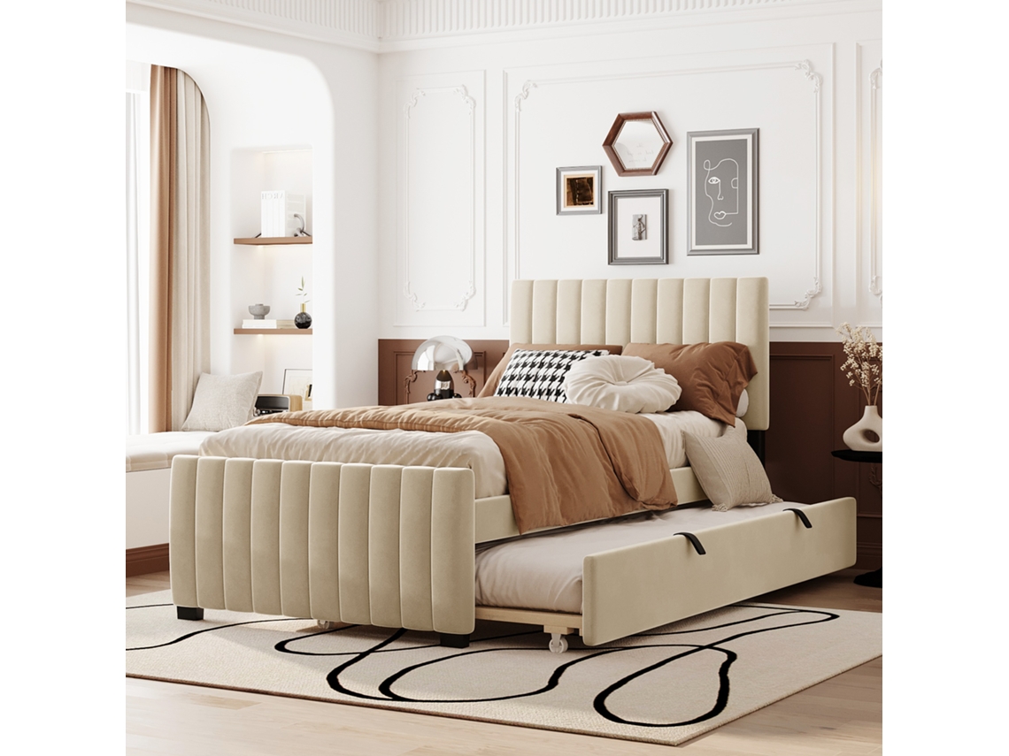 Cama Tapizada En Color Beige De 90x190 Cm Con Cama Nido.