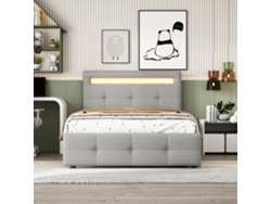 Cama individual de 90 x 200 cm en tejido de lino con LED y 2 cajones, estilo gris