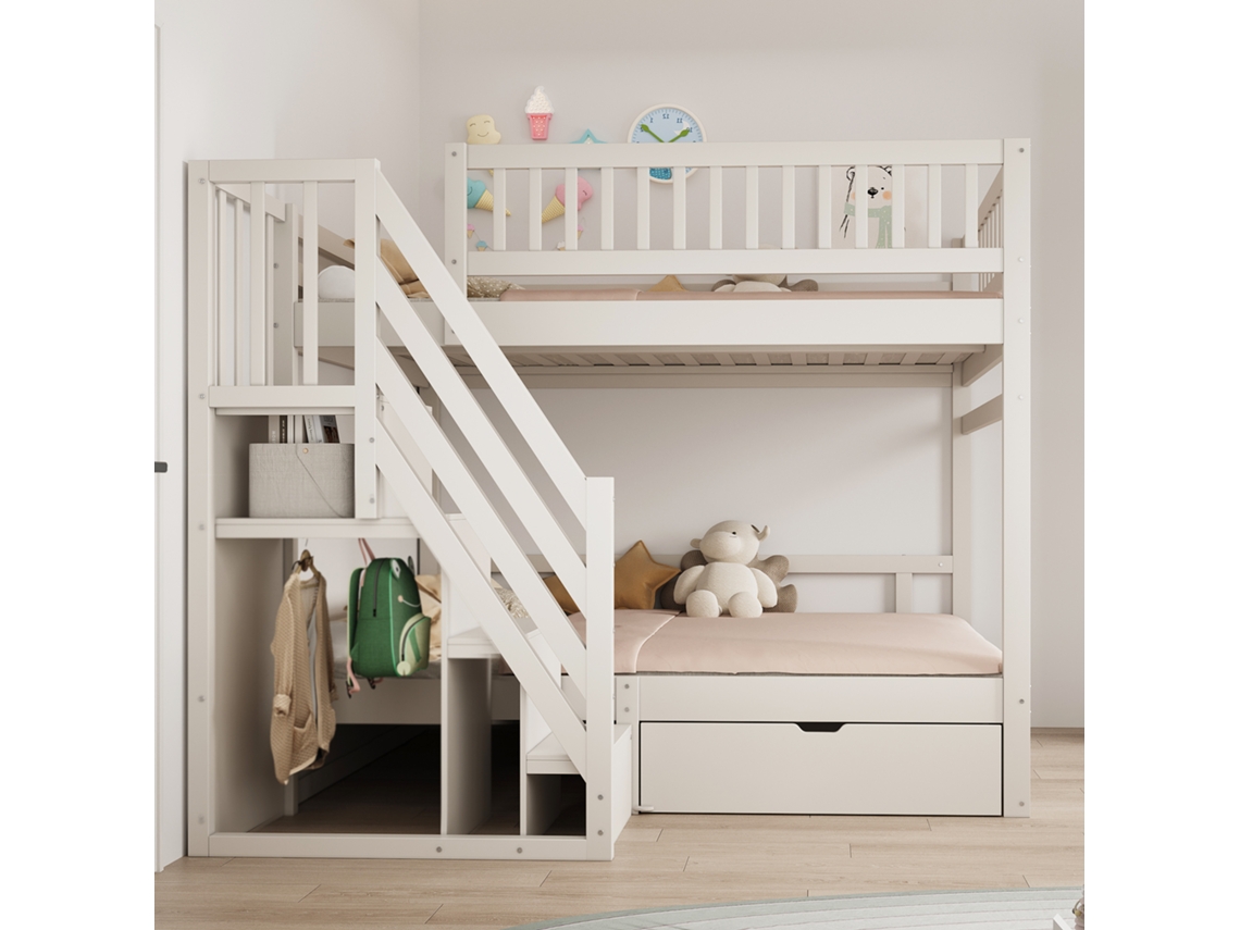 Litera de madera maciza de 140 x 200 cm con pasamanos alto, estructura de láminas, escalera con espacio de almacenaje y cajones, color blanco.