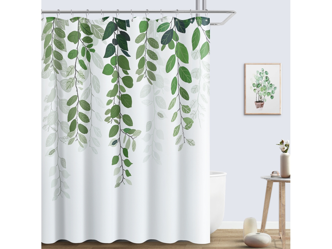 Cortina de ducha impermeable de 180 x 180 cm con diseño de hojas verdes Jortmrd
