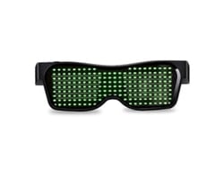 Gafas de fiesta LED con control por aplicación, Bluetooth, idiomas personalizables, carga USB, luces intermitentes, estilo gafas de sol.