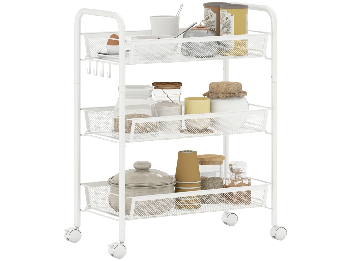 Carrito De 3 Niveles Con Cestas, Carrito De Servicio Rodante, Carrito De Almacenamiento, 45 X 26,5 X 63 Cm, Blanco