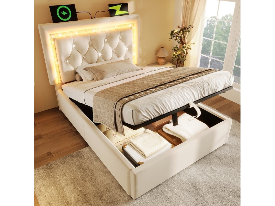 Cama Individual 90x200 – Led, Usb/type-c Y Arcón Hidráulico – Beige