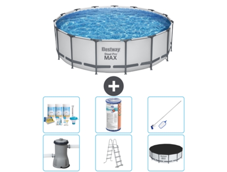 Piscina BESTWAY Round Steel Pro MAX - 457 x 122 cm - Gris - Bomba incluida - Escalera - Cobertor Paquete de mantenimiento - Filtrar - kit de limpieza