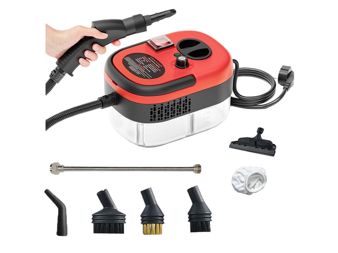 Limpiador a vapor de 2500 W con alta temperatura y presión, 7 accesorios, 6 modos ajustables, rojo Gertiz