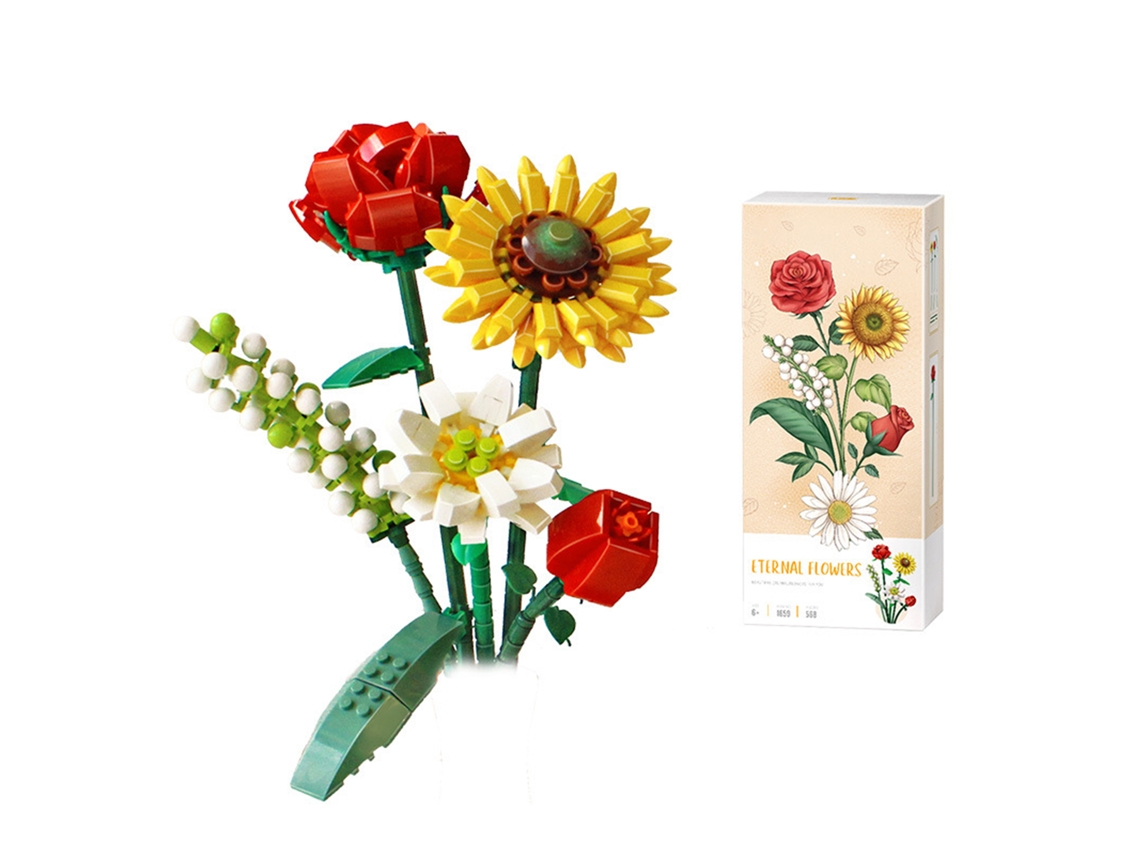 Arreglo floral eterno, bloques de construcción, casa de juguete