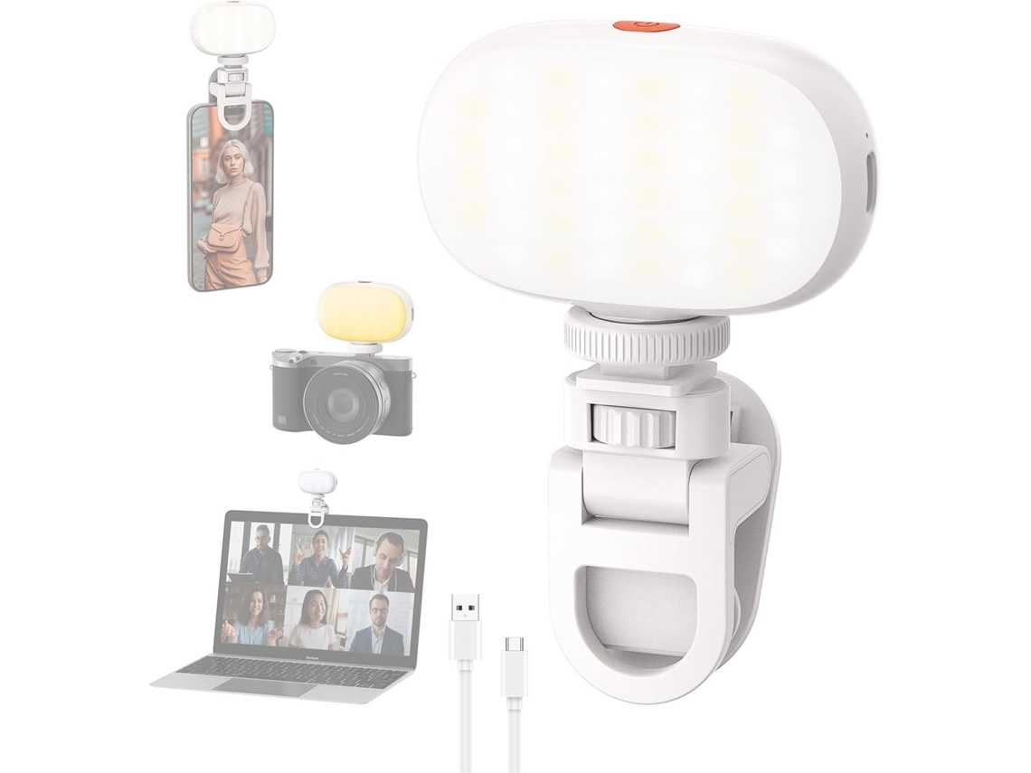Mini luz fotográfica, luz de vídeo LED con pinza USB, recargable, regulable y con colores de luz giratorios, Chronus (blanco)