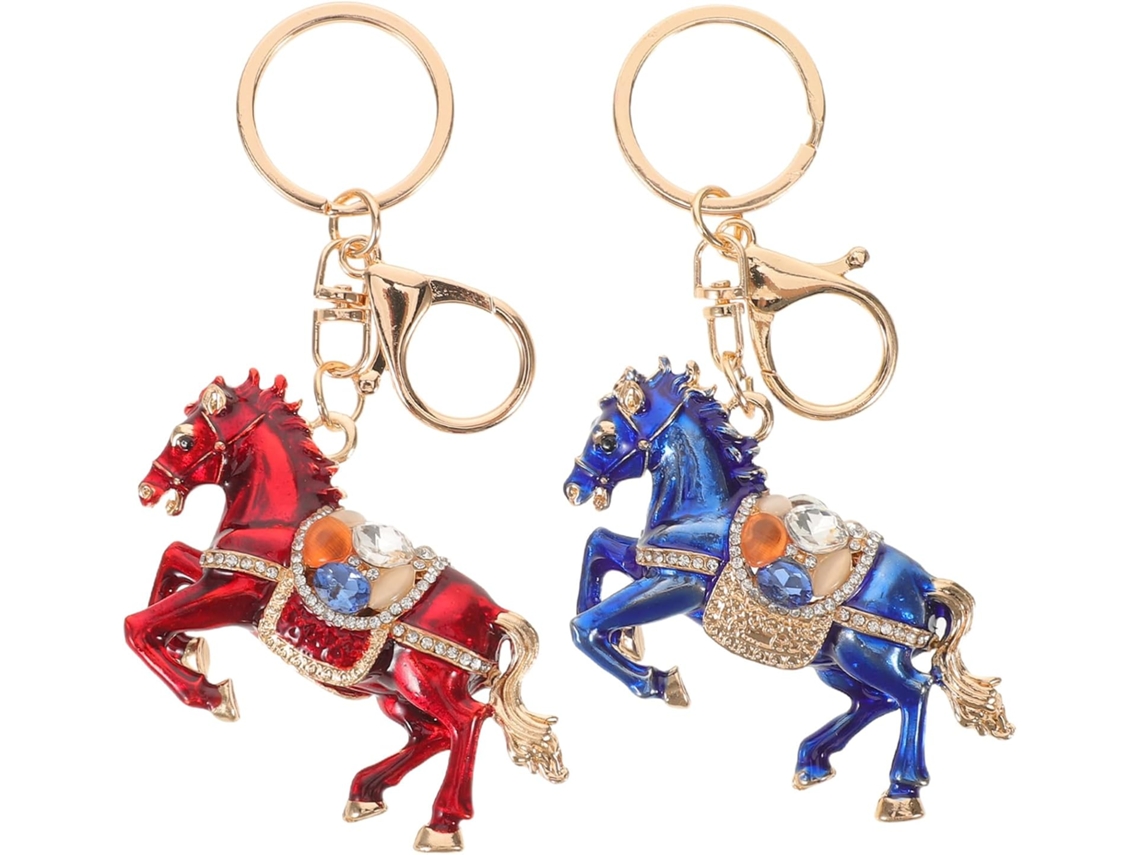 Chaveiros De Cavalo Adornados Com Cristais, Conjunto De 2 Peças, Pingente De Liga Metálica Azul E Vermelha