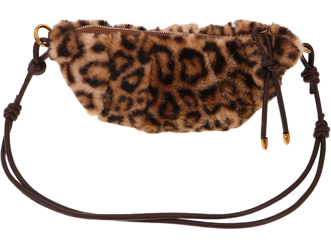 Bolsa Transversal Feminina De Pelúcia Com Estampa De Leopardo, Bolsa Fofa Em Formato De Croissant, Tamanho Ajustável.