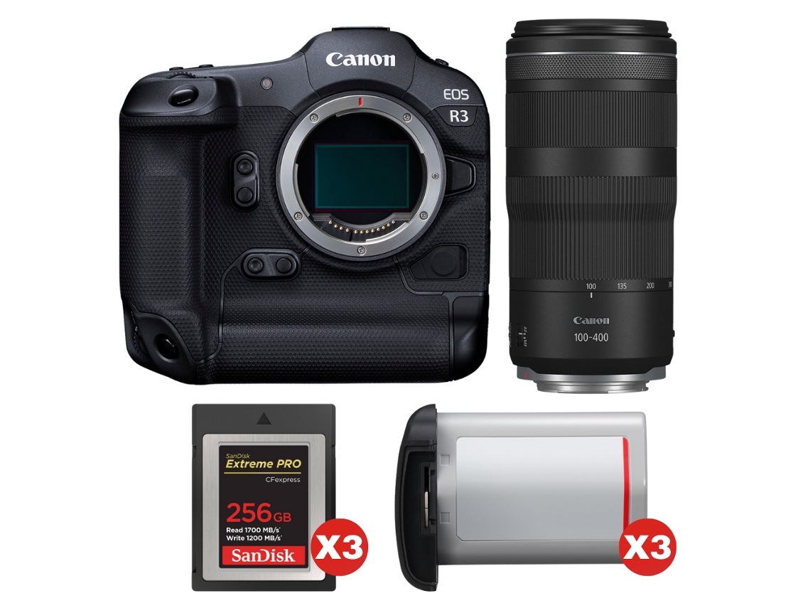 EOS R3 + RF 100 400mm F/5.6 8 IS USM + 3 tarjetas Sandisk Extreme Pro de 256 GB Cfexpress Tipo B + 3 Canon LP E19 + Libro electrónico Pricedirect CANON