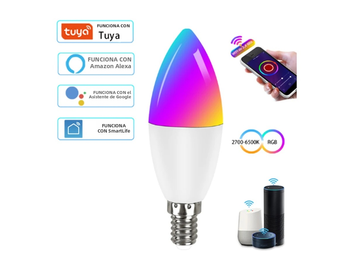 (7w) Bombilla Led Wifi Inteligente E14 220v Compatible Con Alexa Y Google Home, Se Puede Controlar De Forma Remota Mediante La Aplicación