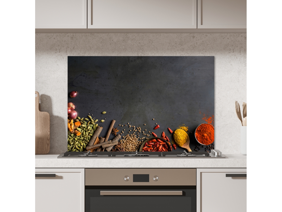 Panel Antisalpicaduras Cocina Hierbas - Alimentos - Especias - Negro - Pimentón - Canela 80x55 Cm