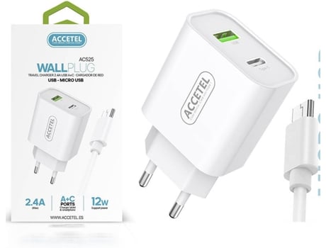 Kit Cargador para Alcatel 3X 2019 ACCETEL AC525 (2.4A - 2 USB + Type-C - Micro-USB - Blanco)