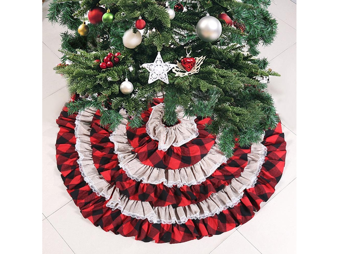 Falda Para Árbol De Navidad Con Volantes, 6 Capas, Estampado A Cuadros Rojos Y Negros, Decoración Navideña, 120 Cm