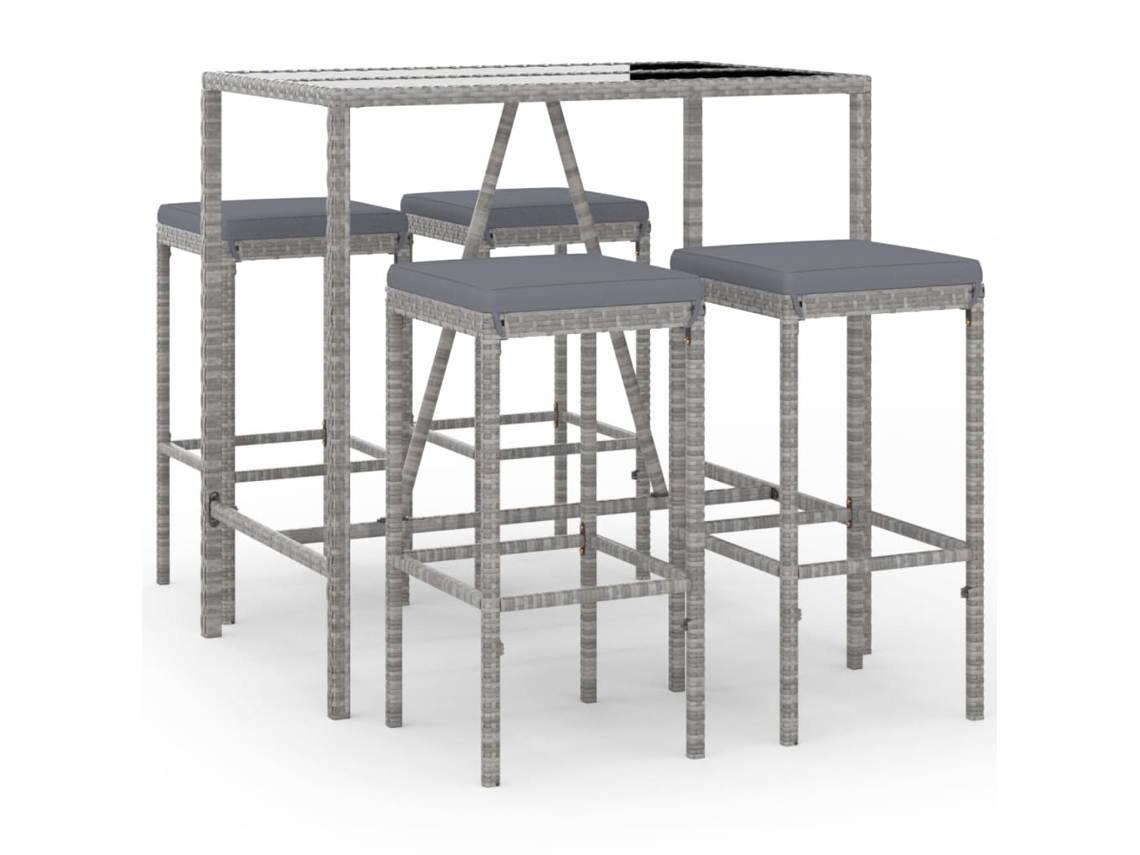 Conjunto 5 Mesa y taburetes altos jardín VIDAXL y cojines ratán PE gris