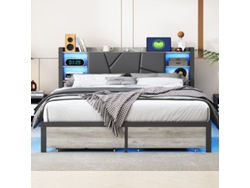 Cama De Matrimonio 160x200 De Hierro Y Madera Con Cabecero Acolchado Luz Led Rgb Cajones Estación De Carga Usb Diseño Moderno Minimalista