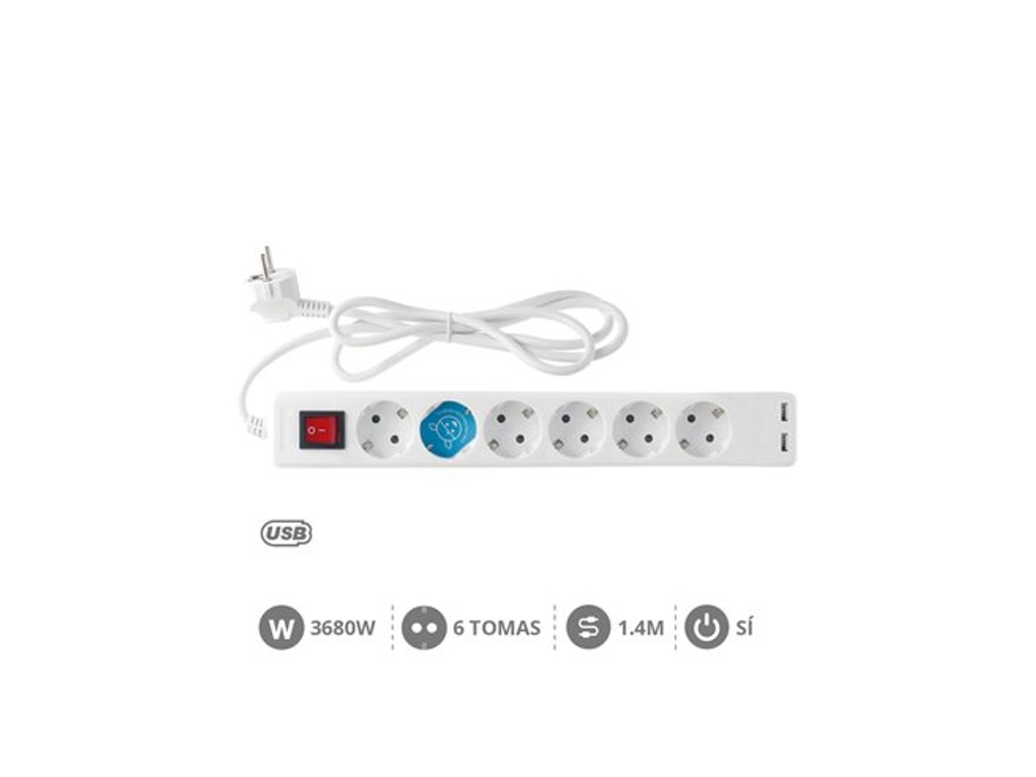 Base Múltiple 6t 2 Usb Int. (3x1.5mm) 1,4m Blanca